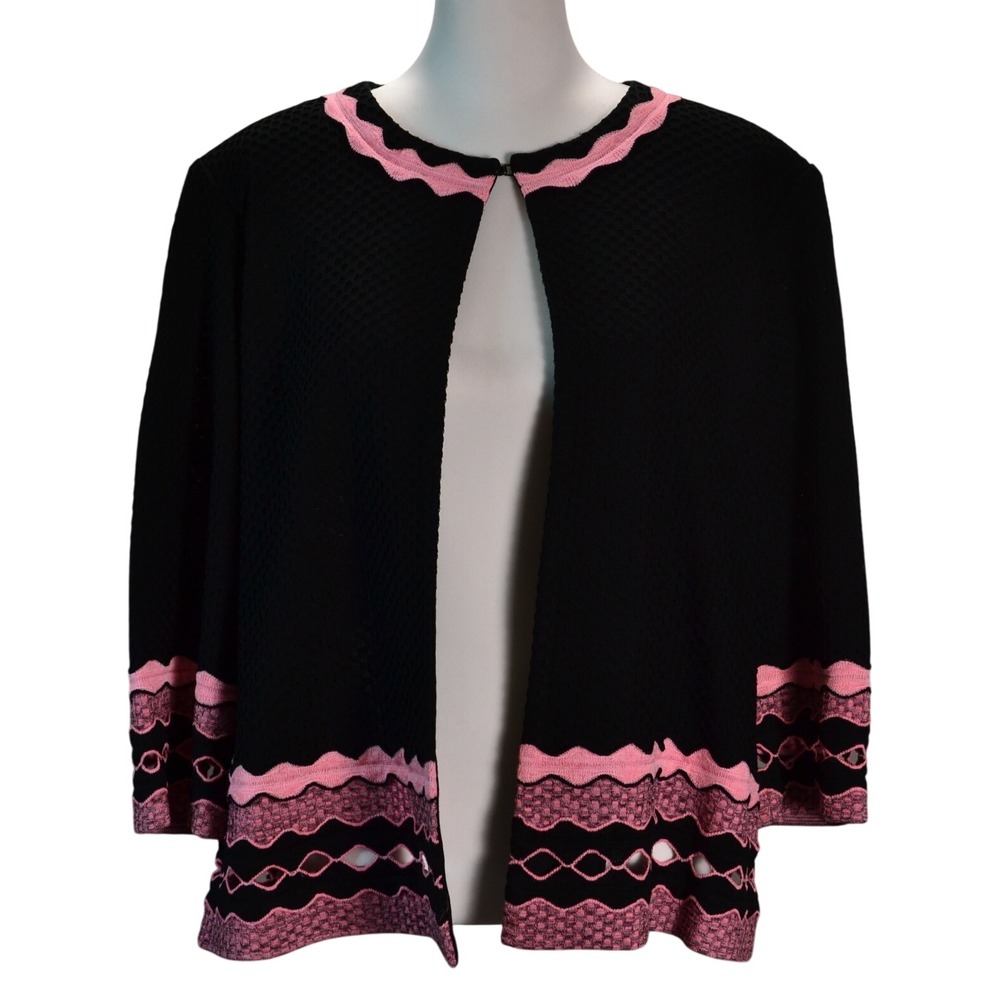 Ming Wang Open Front Cardigan Sweater Office Fall Black Pink XL Textured Knit